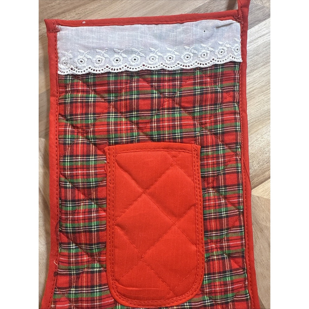 Vintage Quilted Stocking Plaid Lacey Cuff Pocket Grandma Cottage Core Scandi 14" - Picture 2 of 6
